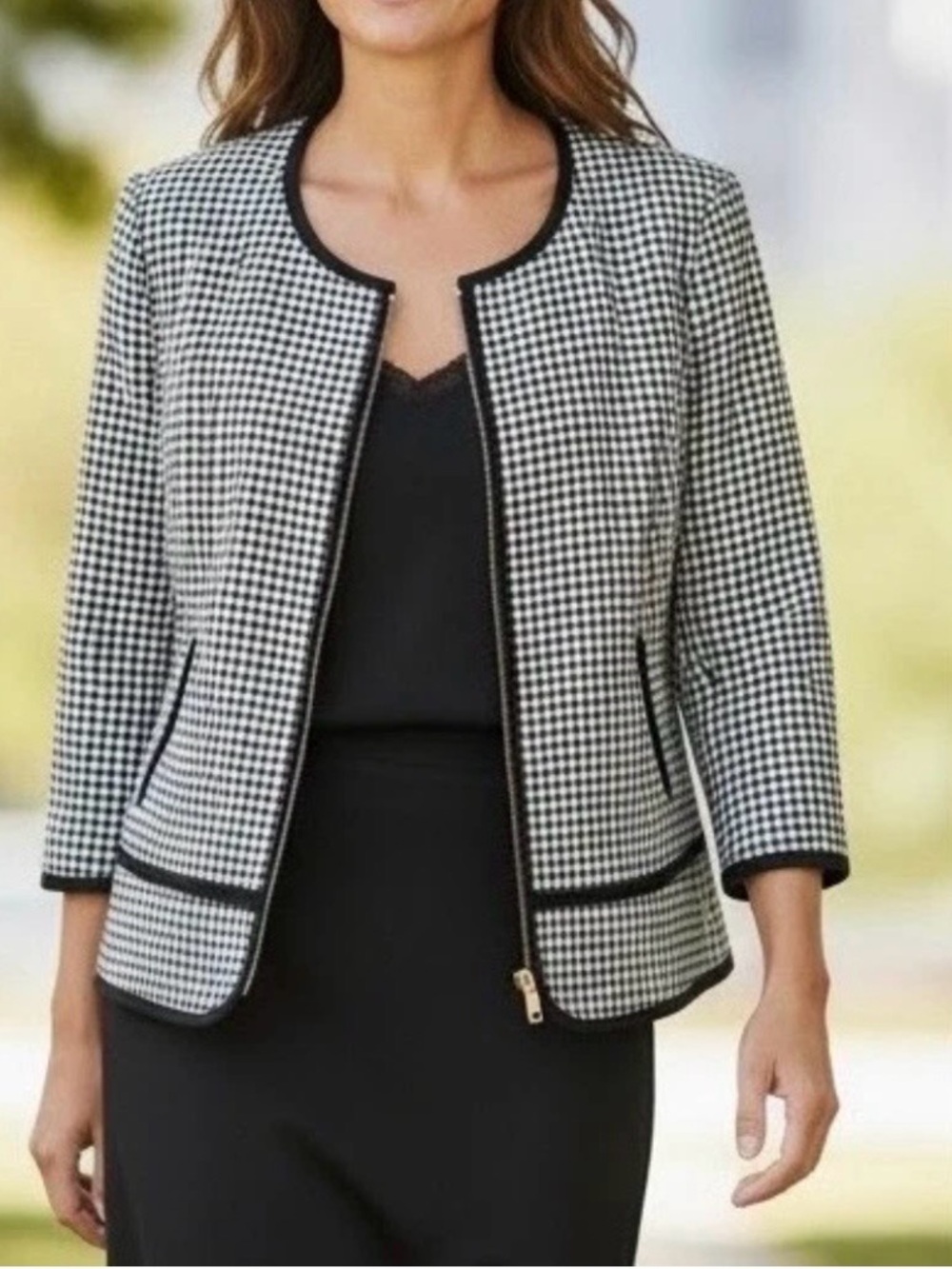 Calvin Klein Black & White Houndstooth Collarless Blazer (SKU871)